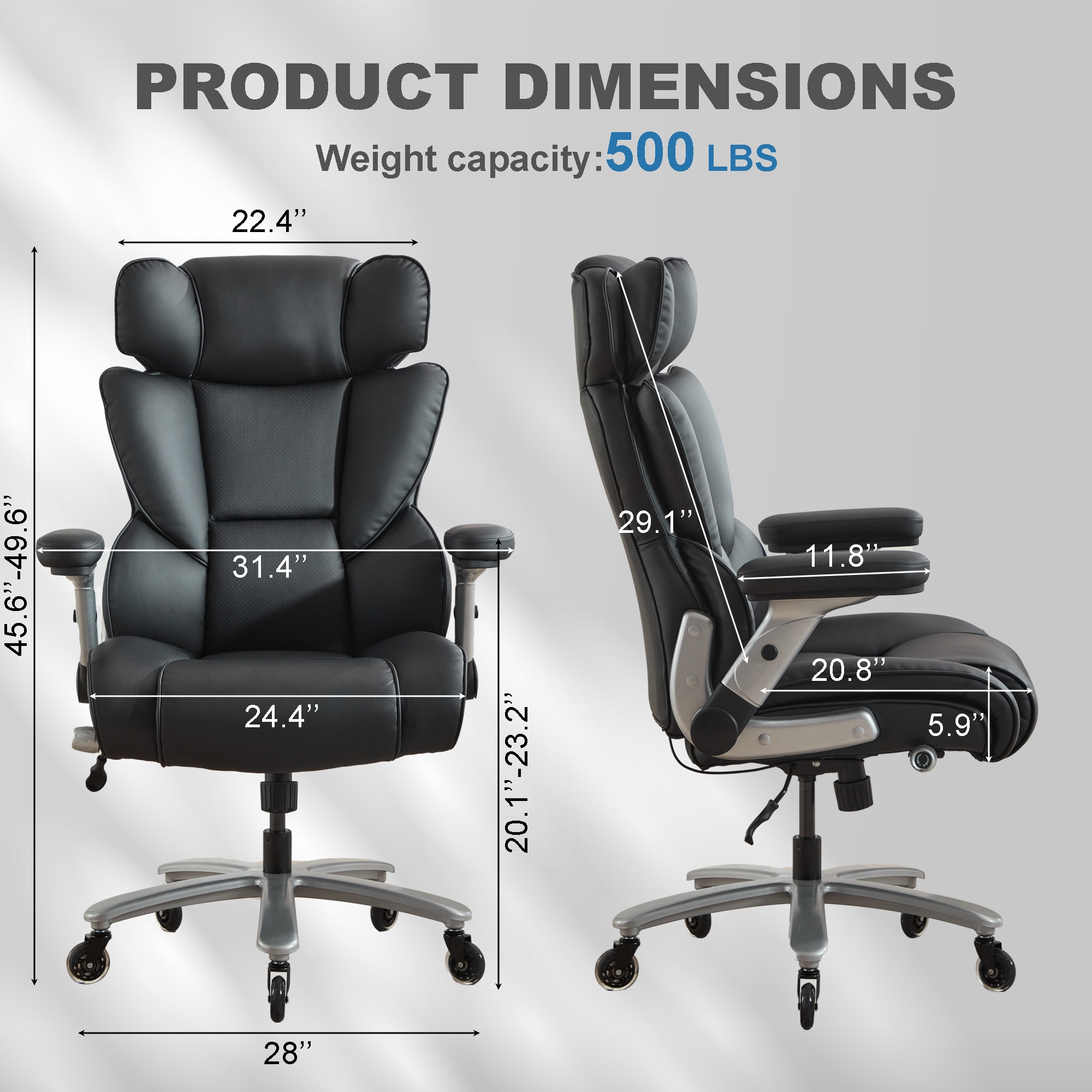 Big And Tall Office Chair 500lbs With Adjustable Lumbar Support, Executive Office Chair With Flip-up Armrest And Wider Seat, Ergonomic Leather Chair Breathable With Quiet Rubber Wheels Black_voghion.com